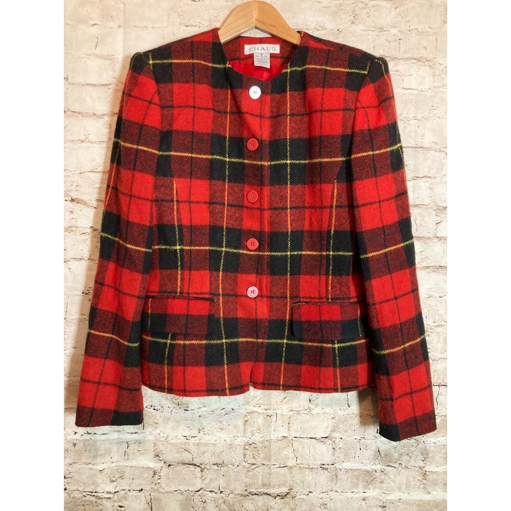 Vintage Chaus Wool Jacket 8 Red Plaid Preppy Academia Button Front School Girl